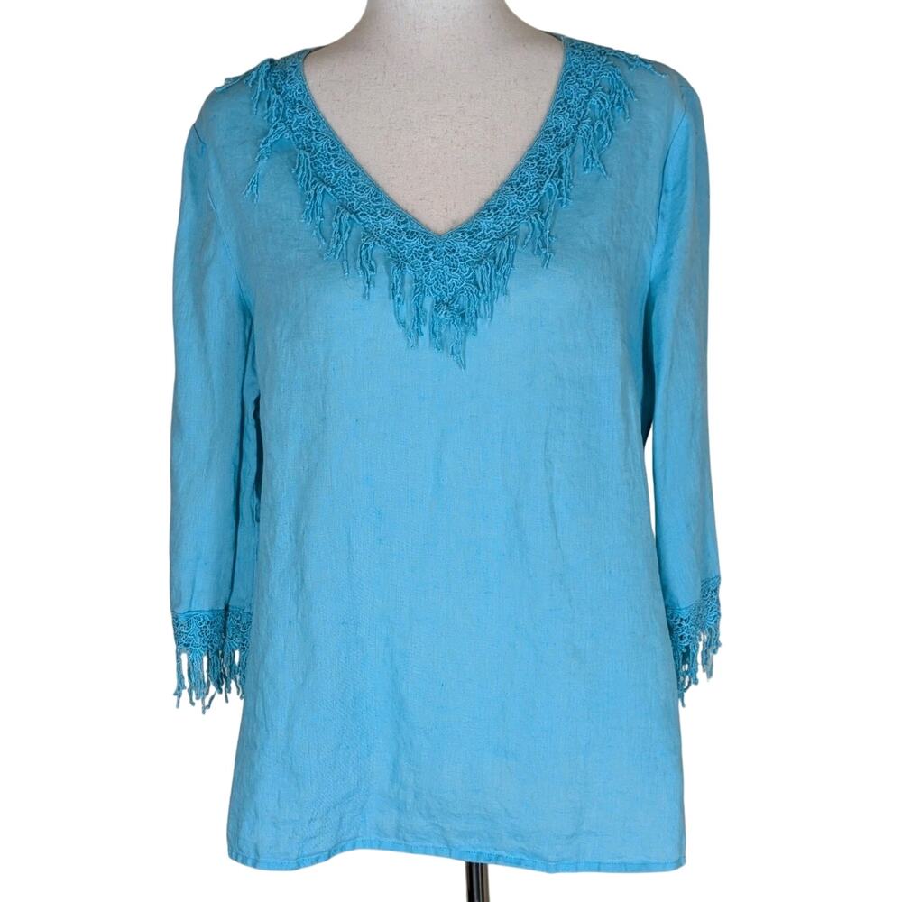 Anne Carson 100% Linen Blue V Neck 3/4 Sleeve Blouse Fringe Collar/Sleeves Large